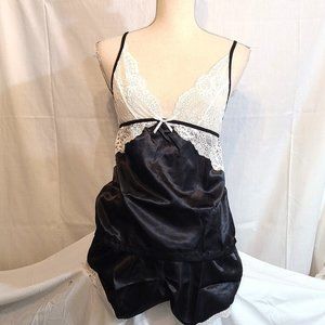 NWT Black Pajama Short Set Sexy Adult White Lace Nightie Teddie Lingerie Medium